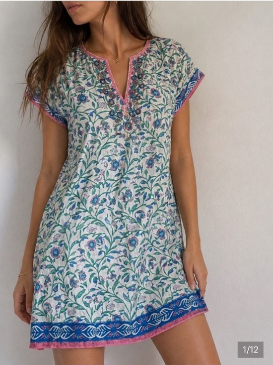 bella tu Dresses & Skirts - Bella Tu Savannah Floral Border Print Beaded Embroidered Tunic Dress XS Resort